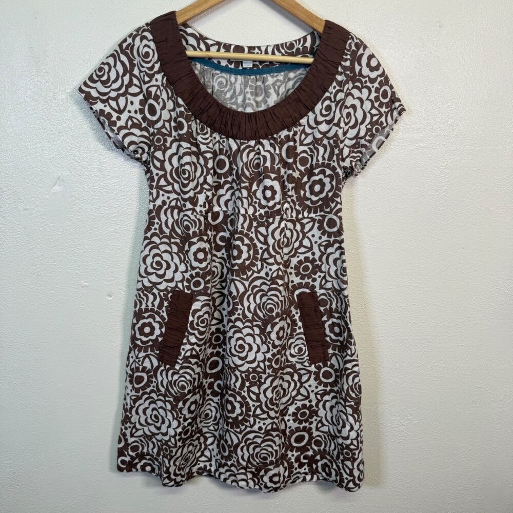 Boden 100% Linen Pocket Shift Dress Brown Floral Boho Cottage Summer
